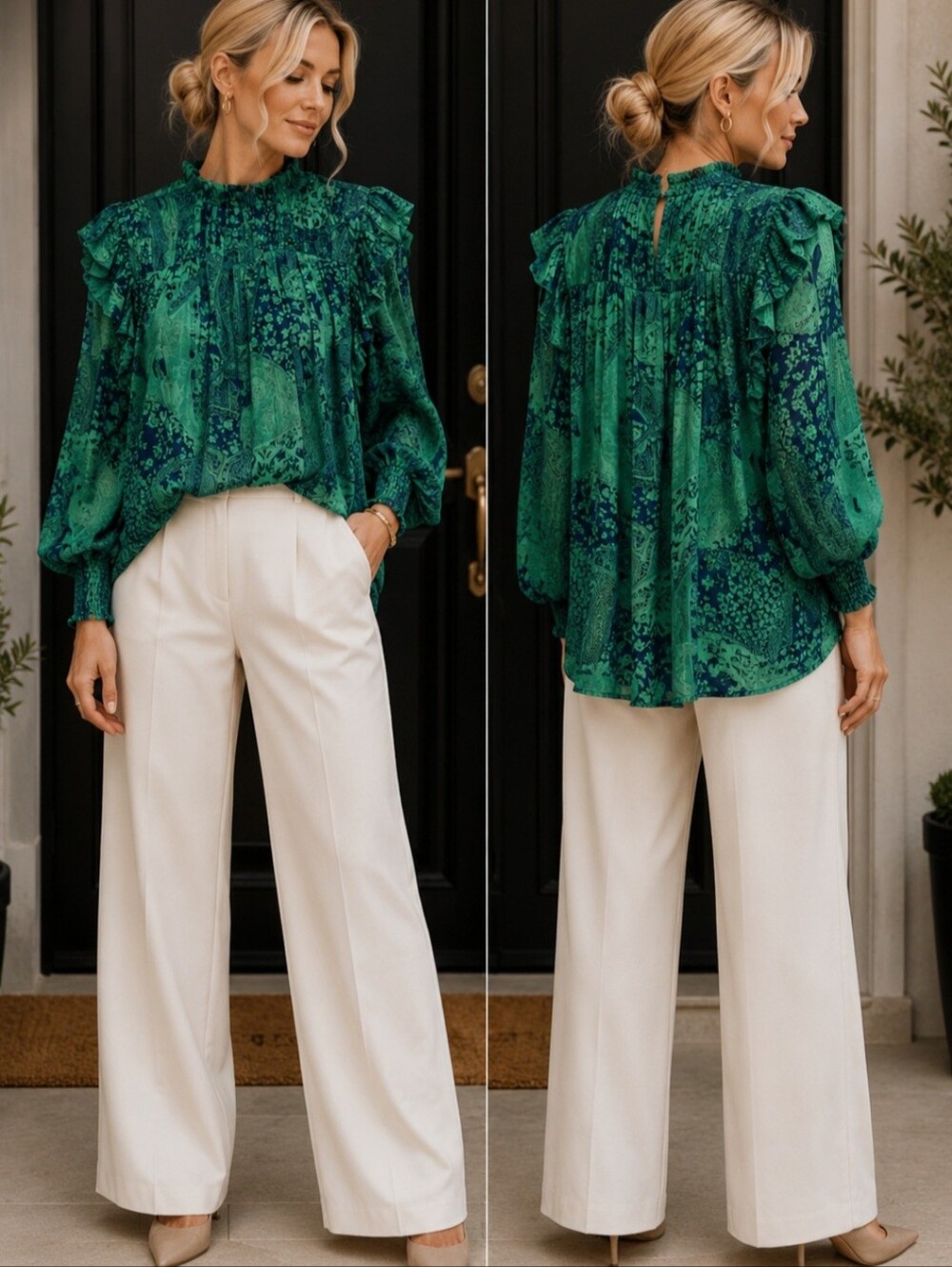 Gustin Green and Blue Patterned Ruffle Blouse